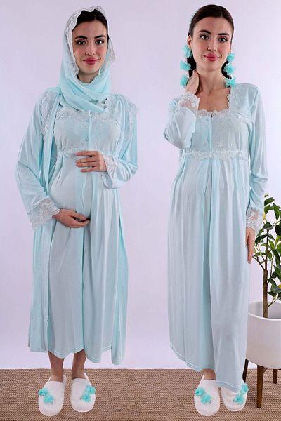 ByLohusa طقم ثوب نوم للحوامل من Effortt باللون الفيروزي مع حجاب وثوب صباحي Byl2t24022