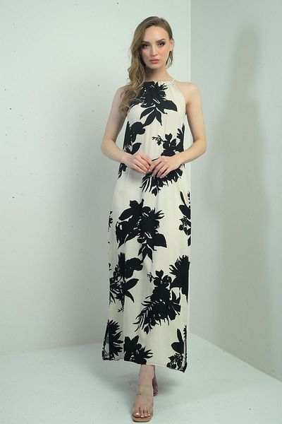By Saygı Rochie lungă de damă, cu guler Halter, cu model de flori, cu buzunare