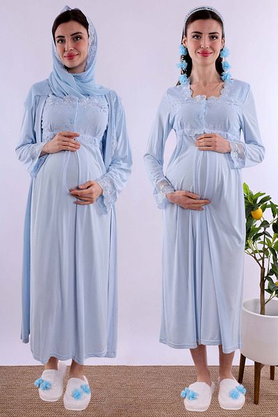 ByLohusa Effortt Blue Hijab și rochie de dimineață Set cămașă de noapte de maternitate Byl2t24022