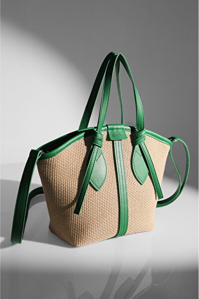 Rimense Women's Green Straw Lined Zippered Hand and Shoulder Bag