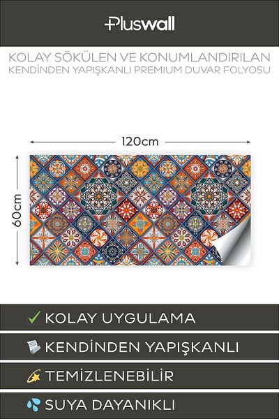 Pluswall Kitchen Countertop Foil, Tile Covering Foil, Vintage Patchwork |   60X120Cm