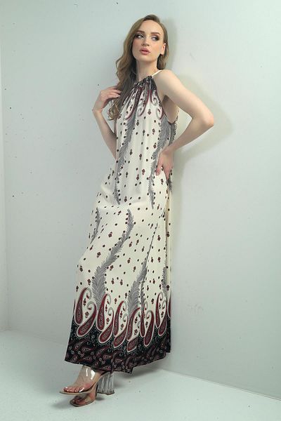 By Saygı Rochie lungă de damă, cu guler Halter, cu model de flori, cu buzunare