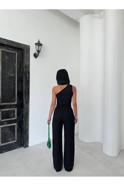 alenmoda One Shoulder Seersucker Blouse Pants Set