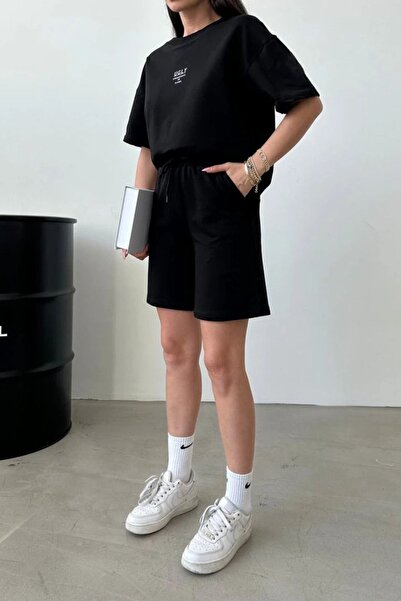 DUBU BUTİK Ugly Printed Black Shorts T-Shirt Team Oversize Crew Neck T-Shirt Team Unisex