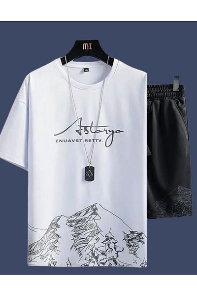 Massgai Unisex Mountain Printed 100% Cotton Top-Bottom T-Shirt Shorts Set