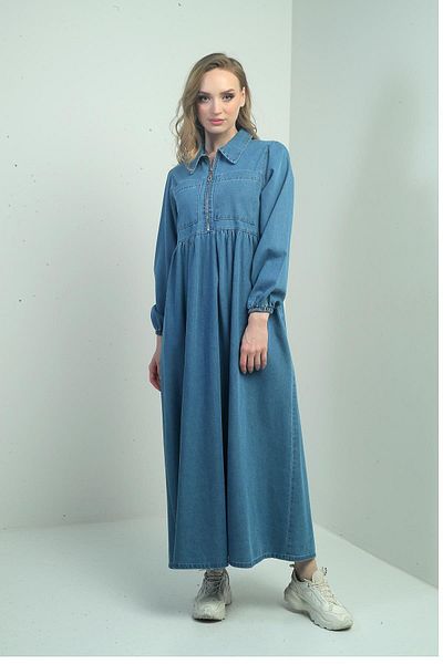 By Saygı Rochie lungă de blugi de damă cu jumătate de fermoar în față și buzunare laterale