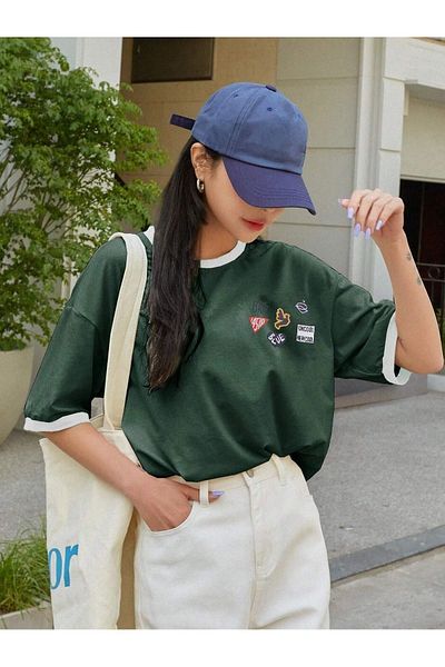 DUBU BUTİK Uncool Nefti Green Body White Piping T-Shirt - Oversize Crew Neck Short Sleeve T-Shirt