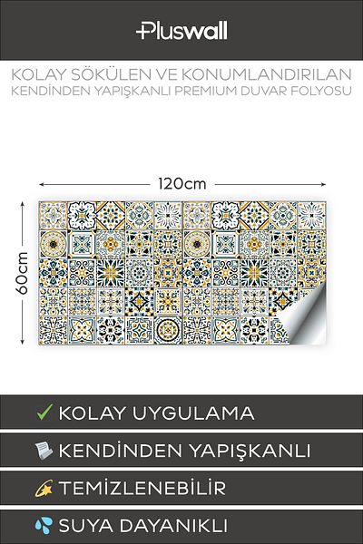 Pluswall Kitchen Countertop Foil, Tile Covering Foil, Spanish Azulejo Style Tile Patterned |   60X120Cm