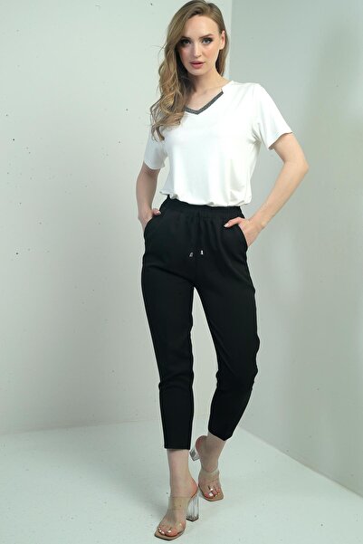 By Saygı Women's Elastic Waist Carrot Leg Trousers with Side Pockets