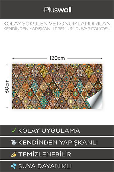 Pluswall Kitchen Countertop Foil, Tile Covering Foil, Mandala Style Floral Pattern |   60X120Cm