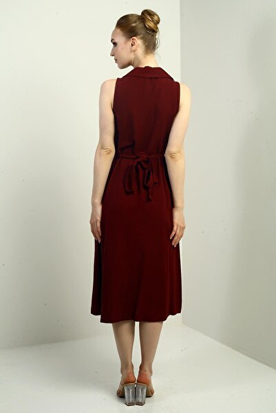 By Saygı Women's Polo Neck Front Pleat Button Detailed Midi Linen Dress