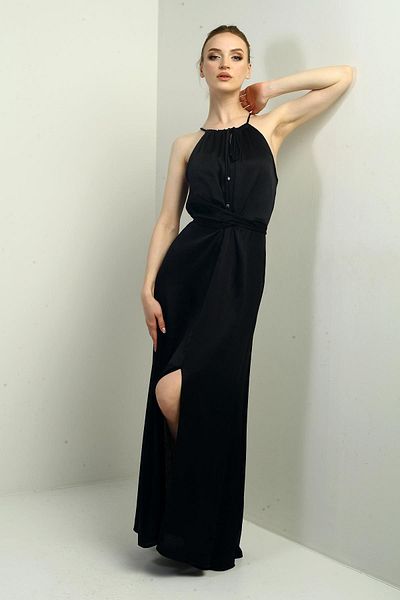 By Saygı Rochie lungă din satin țesut pentru femei, cu bretele, guler halter, talie cu curea, cu fantă în față