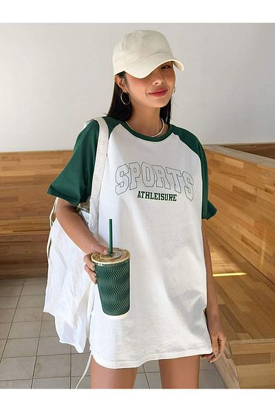 CLAYES Tricou Sports Athleisure White Body Nefti Green Sleeve - Tricou oversize cu decolteu