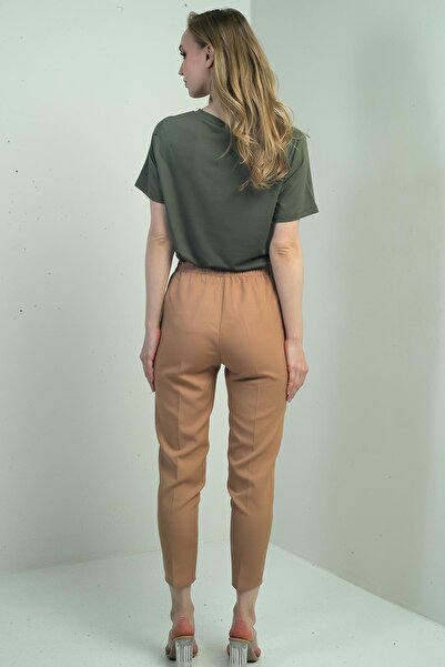 By Saygı Women's Elastic Waist Carrot Leg Trousers with Side Pockets