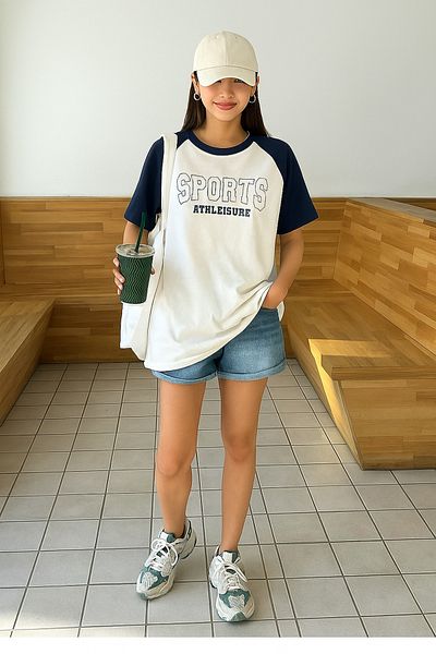 VBSVİBES Sports Athleisure White Body Navy Blue Sleeve T-Shirt - Oversize Crew Neck T-Shirt