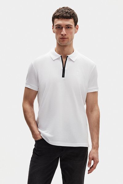 Twn Μπλουζάκι Polo Neck Slim Fit White Pique με υφή με μισό φερμουάρ