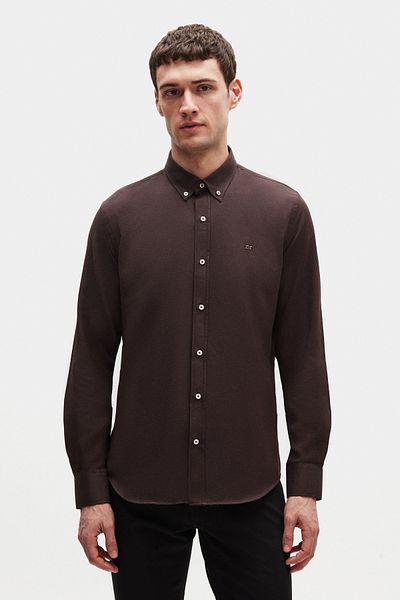 D'S Damat Ds Damat Slim Fit Bitter Coffee Oxford γιακά με κουμπιά Εύκολο σιδέρωμα Βαμβακερό πουκάμισο με λεπτομέρεια κεντήματος