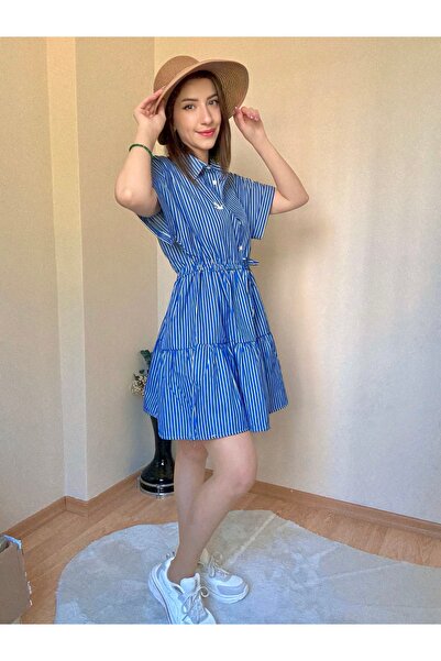 CCTWEAR Mavi Çizgi Desenli Belden Bağlamalı Gömlek Elbise