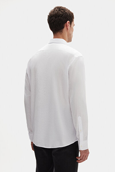D'S Damat Ds Damat Comfort Beyaz Düğmeli Yaka Rahat Kesim Keten Görünümlü %100 Pamuk Gömlek