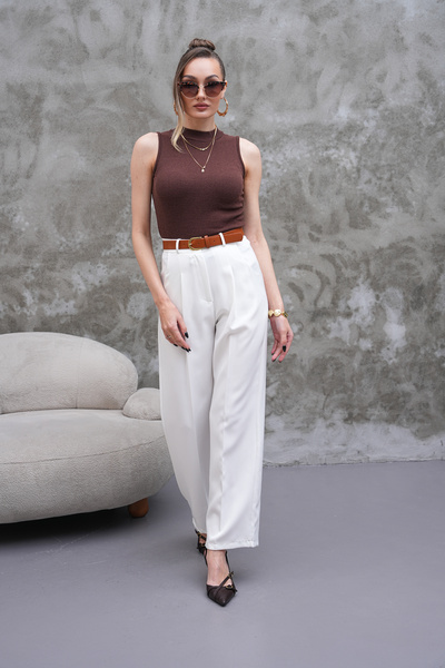 H&A İSTANBUL Kadın yüksek bel bol paça kemerli Pileli dokuma Kumaş Palazzo Pantolon