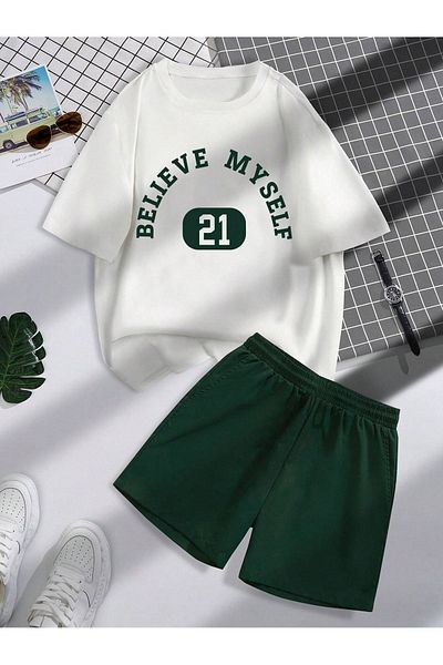 Sweetline Believe 21 T-Shirt Σορτς - Λευκό Πράσινο Κάτω Μπλουζάκι Σορτς Σετ Μπλουζάκι με στάμπα με λαιμόκοψη