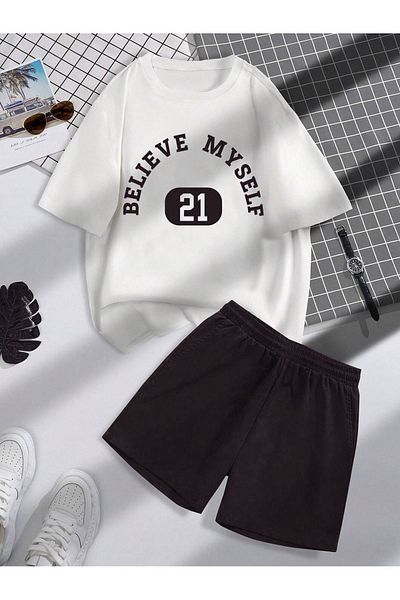 Sweetline Believe 21 εμπριμέ μαύρο σορτς Λευκό μπλουζάκι κάτω από το επάνω μέρος - Σορτς μπλουζάκι συνδυασμένο εμπριμέ Cycling Ya