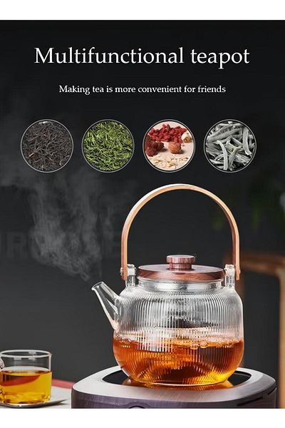Generic 800ml Vertical Grain Borosilicate Glass Teapot With Filter And Wooden Handle