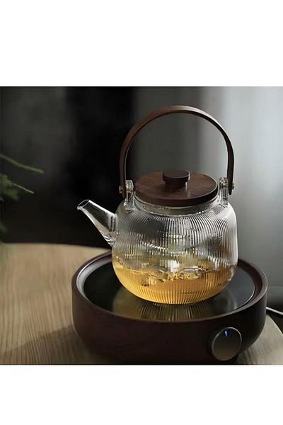 Generic 800ml Vertical Grain Borosilicate Glass Teapot With Filter And Wooden Handle