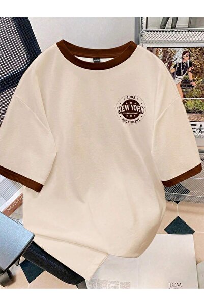 coolart Καφέ μπεζ μπλουζάκι με σχέδιο Νέα Υόρκη - Εκτυπωμένο Oversize κοντομά...