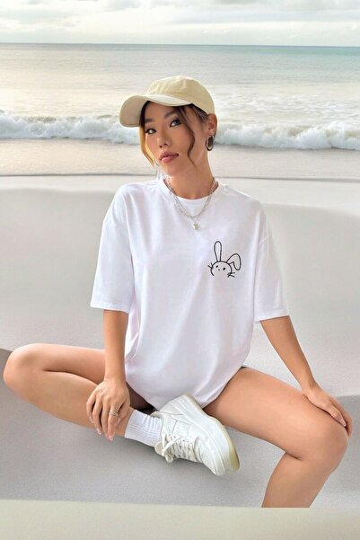 coolart Λευκό χαριτωμένο μπλουζάκι με κουνέλι - Καλοκαιρινό κοντομάνικο μπλου...