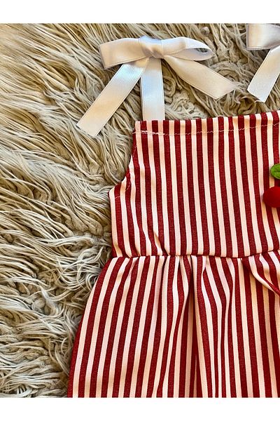 enes baby Striped Seersucker Fabric Cherry Detailed Adjustable Bow Suspender Dress