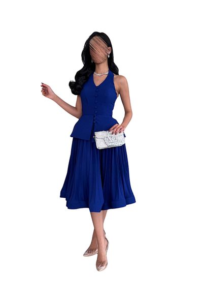 barlina Indigo pleated sleeveless blazer dress