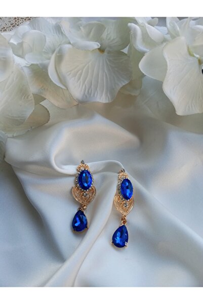 Pervin Ablacım El yapımı mavi taşlı Gold sallanan küpe