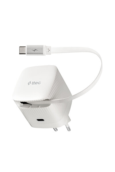 Ttec SmartCharger GAN 65W PD Seyahat Hızlı Şarj Aleti USB-C + Dahili PD 65W 70cm USB-C Şarj Kablosu