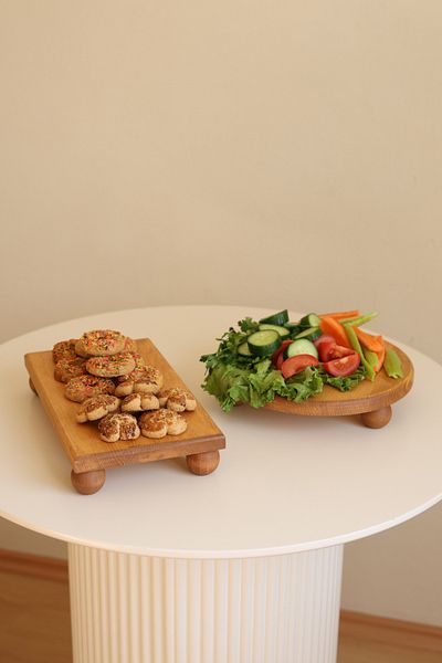 hemlife Justwood 2 Li Risus Top Footed 25 cm and 17x30 Cm Wooden Rectangular Cake Presentation Serving Plate Set