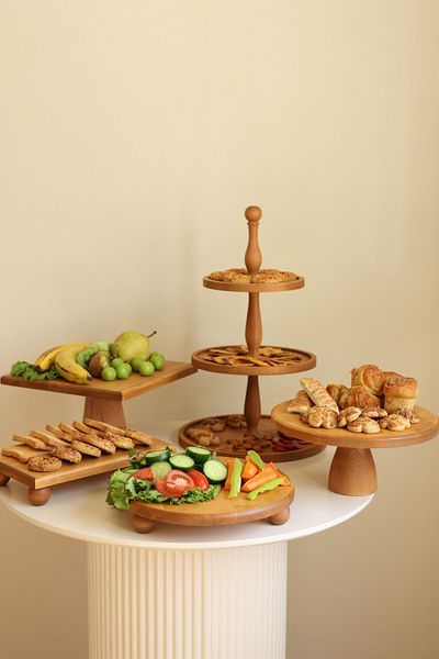 justwood عرض كعك خشبي مكون من 5 قطع - حامل كعك ثلاثي الطبقات، حامل كعك 29 سم، 29 سم ريسوس، 17x30 ريسوس، 29x29 هرم