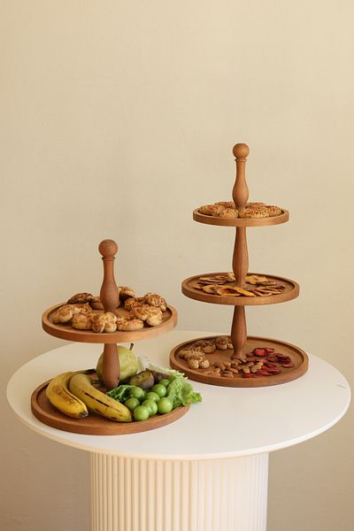 justwood Set of 2 2-Tier Cake Stand and 3-Tier Wooden Cake Presentation Serving Plate Set
