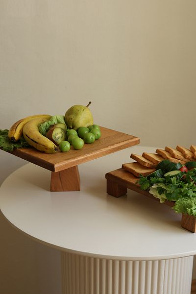 justwood 2-piece Tityos Cube Footed 30x30 Cm and Pyramid 29x29 Cm Wooden Square Cake Presentation Serving Plate Set