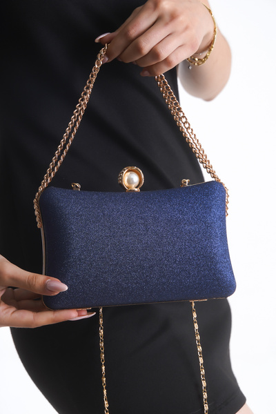 Famels Geantă pentru rochie de seară din țesătură bleumarin, cu cap de perle,...