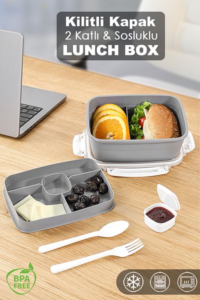 Meleni Home 2 Layer Locked Lid Food Container - Compartmented Lunch Box Diet Nutrition Box Sauce Bowl Fork Spoon Gray