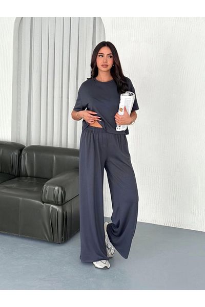 Butik Osy Modal Soft Textured Fabric Crew Neck T-Shirt Loose Wide Leg Trousers Double Set - Anthracite