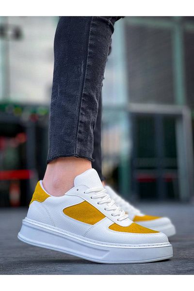 EBRUS TREND Kb-X8 White Skin Yellow Suede Detailed White High Sole Casual Sneakers