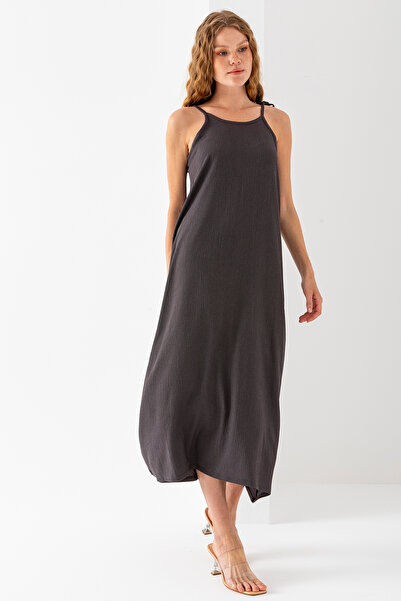 GİYSA Women's Straps Tie Detailed Long Wrap Dress Anthracite - 254403