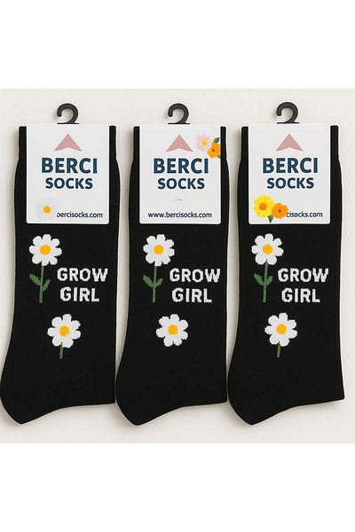BS Parıltı Black Yellow White Daisy Patterned Cotton Socks Set (3 Pieces)