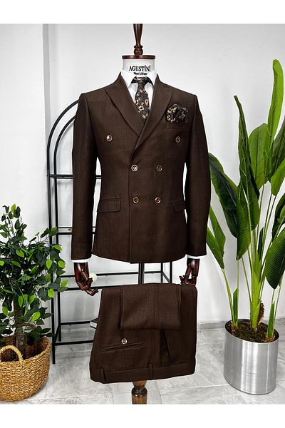 AGUSTİNİ Brown Double Breasted 2-Piece Suit Pointed Collar Slim Fit Mold |   Agustini