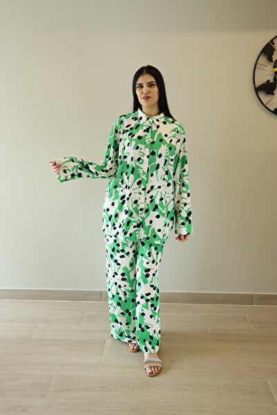 LINELLE Ladies Co-ord Pant Set- Green and White Printed Shirt and Pant with L...