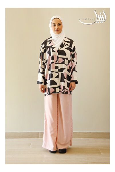 LINELLE طقم بنطلون نسائي منسق - قميص أبيض وأسود مطبوع هندسيًا مع بنطلون خوخي ...