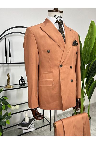 AGUSTİNİ Cream Color Double Breasted 2-Piece Suit Pointed Collar Slim Fit Mold |   Agustini