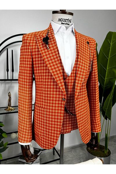AGUSTİNİ Orange Plaid Combination 3-Piece Suit Pointed Collar Bag Pocket Slim Fit Fit |   Agustini