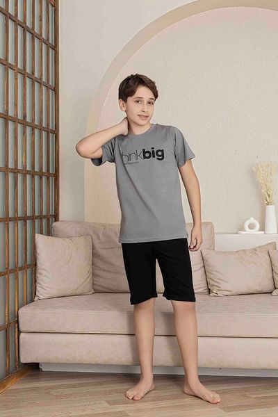 Tarık Men's Young and Child Dark Gray Short Sleeve Shorts Combed Cotton Pajamas Set
